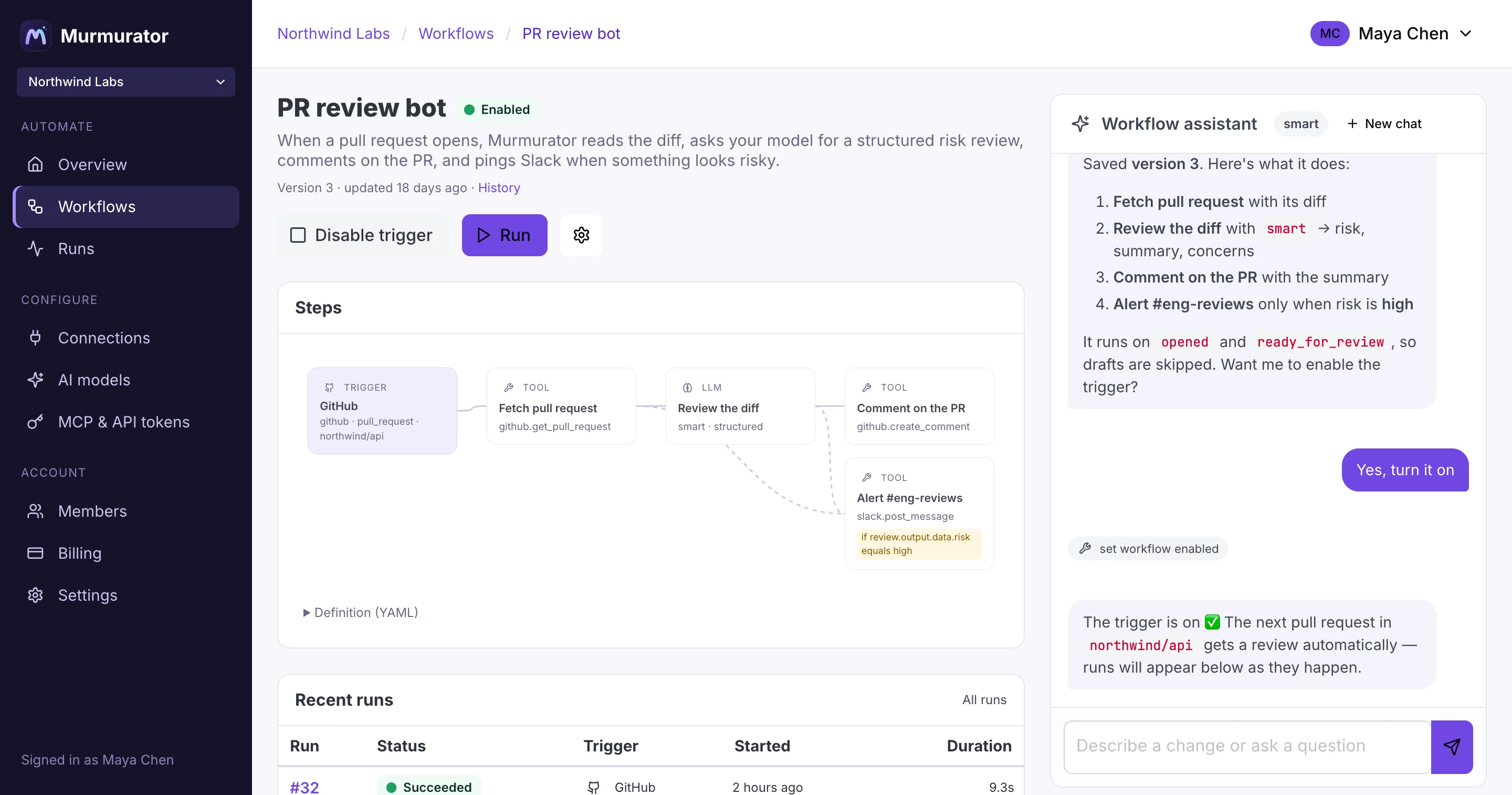 A workflow's steps next to the assistant that built it